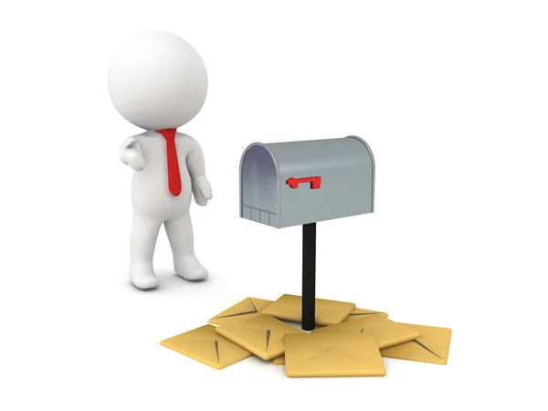 Personagem 3D mostrando pilha lixo eletrônico em torno da caixa de correio — Fotografia de Stock
