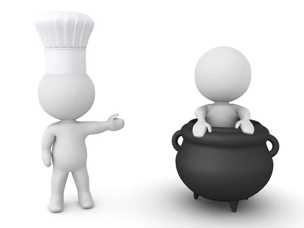 3D Chef showing person inside cauldron — Stock Photo, Image