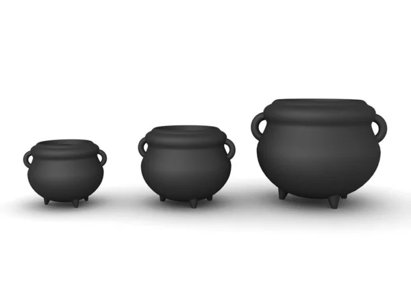 3D Rendering of three different sized cauldrons — Stock Photo, Image