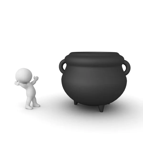 3D Character looking in awe at big cauldron — Stock Photo, Image