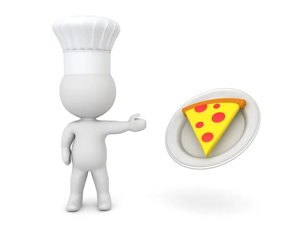 Chef 3D mostrando rebanada de pizza en el plato — Foto de Stock