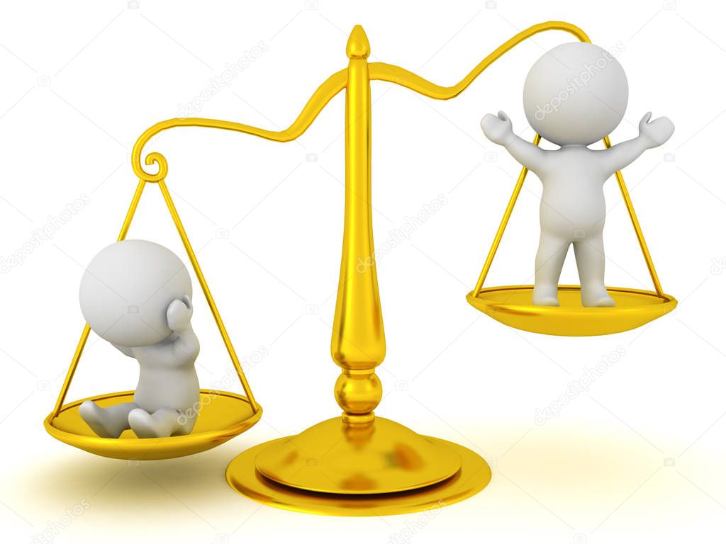 3D Characters standing on the scales of justice