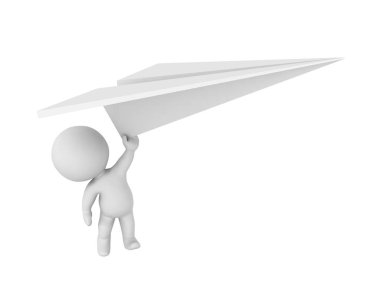 3d Karakter büyük kağıt uçak tutarak uzağa uçan