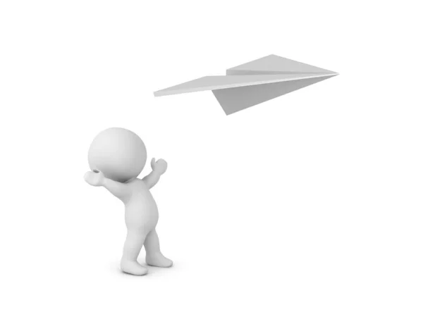 3D Character looking up excited at paper plane — Stock Photo, Image