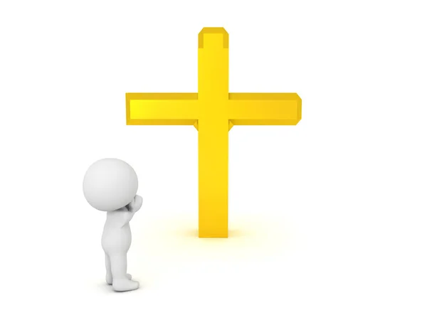 Carácter 3D rezando a cruz dorada — Foto de Stock