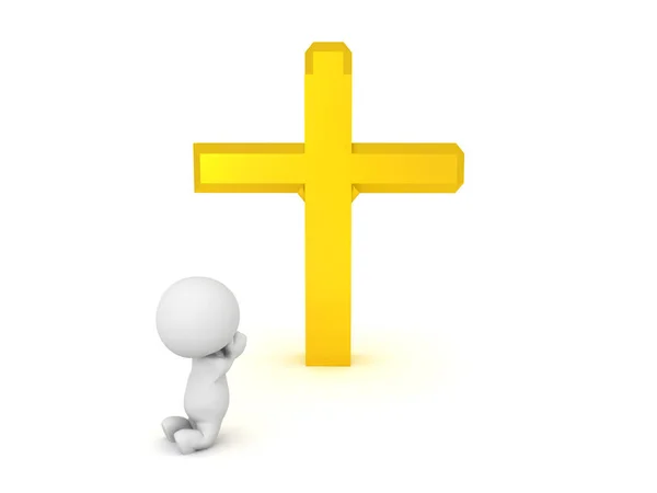Carácter 3D rezando de rodillas delante de la cruz — Foto de Stock
