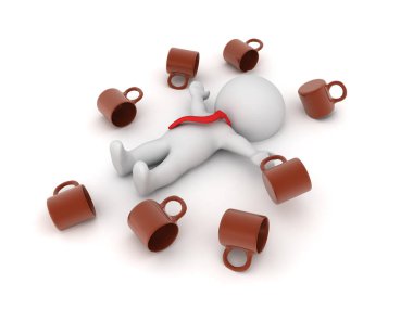 2305 3D Character exausted after work with many mugs of coffee a clipart