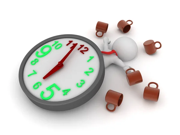 3D Character under clock exausted after work with many mugs of c — Stock Photo, Image