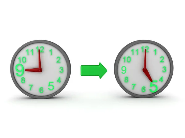 Rendering 3D di due orologi collegati da freccia verde - da nove a cinque — Foto Stock