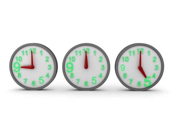 3D Rendering of three clocks, showing nine, twleve and six — Stock Photo, Image