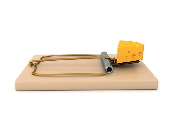 ルアーとしてチーズの一部と古典的なマウストラップの3Dレンダリング — ストック写真