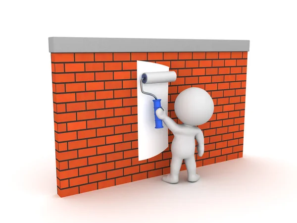 3D Painter using painter roller on brick wall — Stock Photo, Image