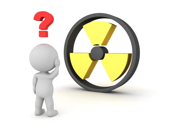 3D Character looking concerned at radioactive sign — Stock Photo, Image