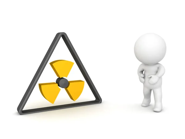 3D Character feeling sick next to radioactive logo — Stock Photo, Image