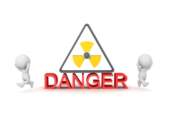 3D-personage dat wegloopt van radioactief bord met gevaar tekst — Stockfoto