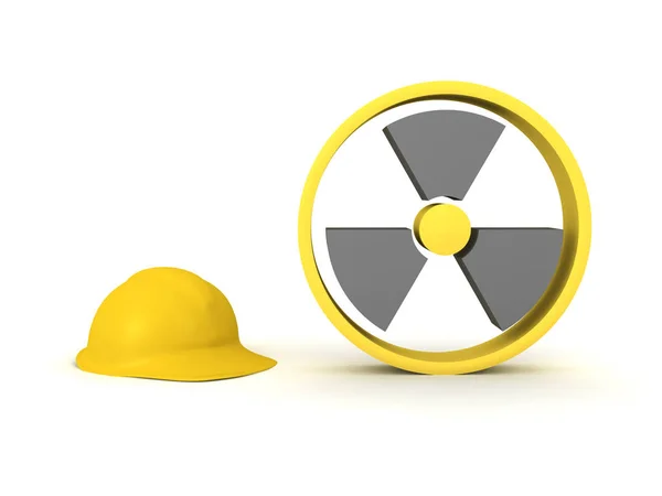 3d Sarı radyoaktif işaret ve sert şapka render — Stok fotoğraf