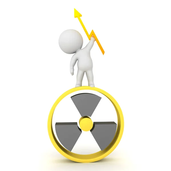 3d Karakter nükleer işareti üstünde duran ve lightin tutarak — Stok fotoğraf