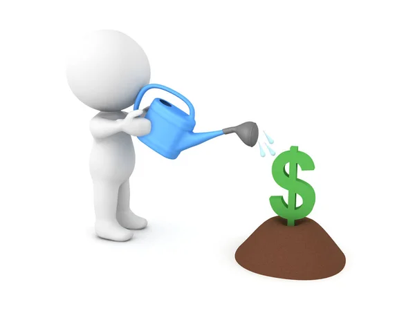 3D Character watering a dollar sign planted in soil — Stock Photo, Image