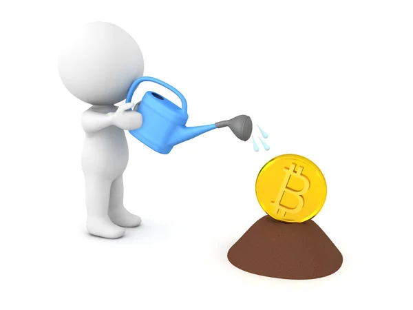 3D Character watering a bitcoin planter in soil — Stock Photo, Image