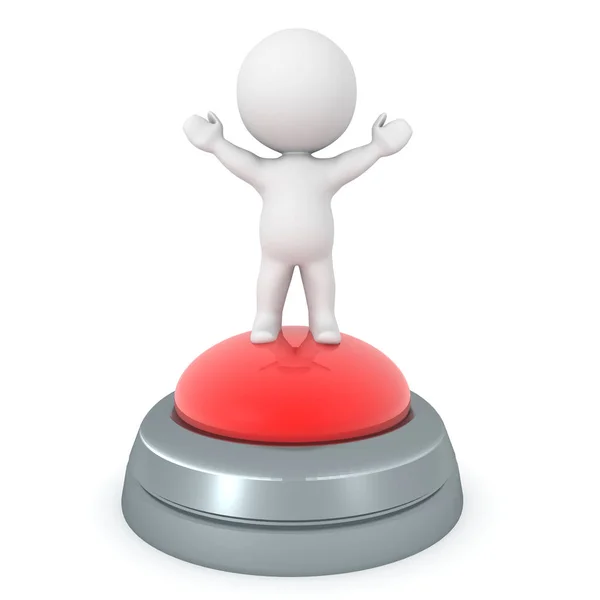 3D Character standing with arms raised on big red button — Stock Photo, Image