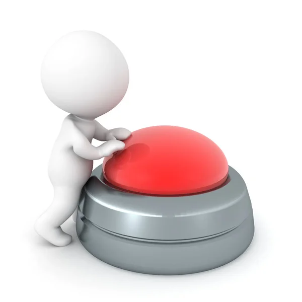 3D персонаж нажимает большую красную кнопку — стоковое фото