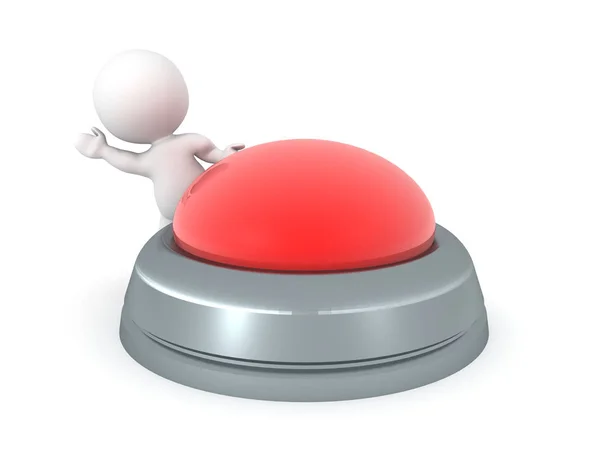 3D χαρακτήρας που χαιρετάει από πίσω μεγάλο κόκκινο κουμπί — Φωτογραφία Αρχείου