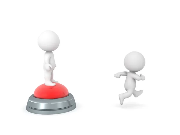 Personaje 3D de pie sobre un gran botón rojo mientras otro se ejecuta — Foto de Stock