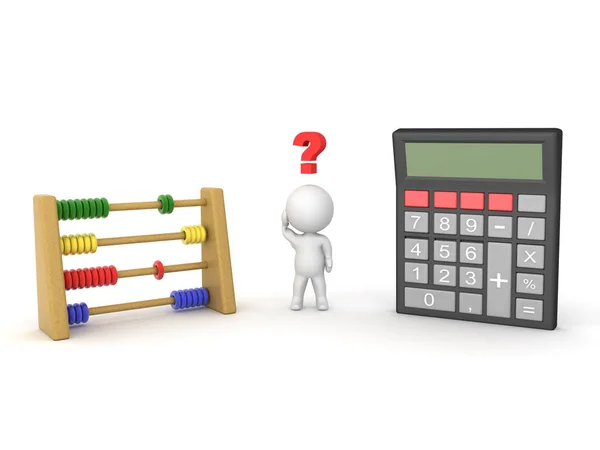 3D-karakter op zoek naar Abacus en Pocket Calculator — Stockfoto
