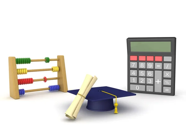 Renderowanie 3D z Abacus, kalkulator i kapelusz dyplomowy z Diplo — Zdjęcie stockowe