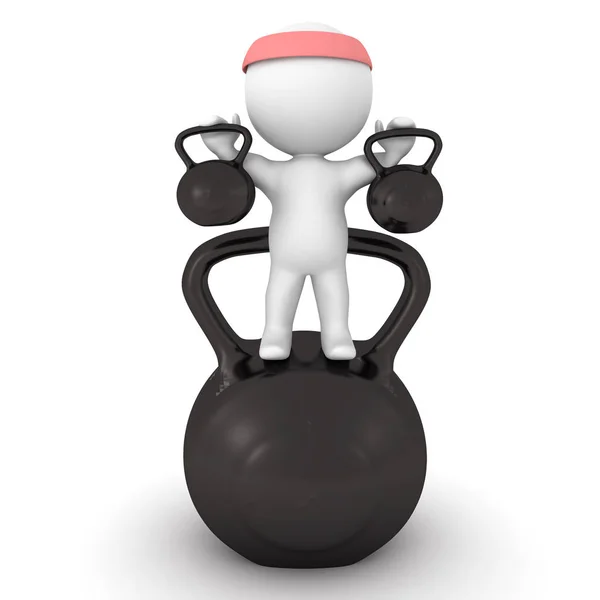 3D karaktär hålla kettlebells och stående på en större en — Stockfoto