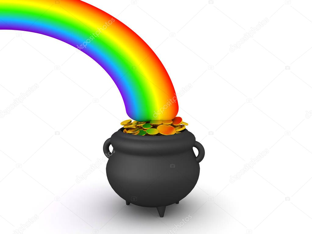3D Rendering of pot of gold at the end of the rainbow