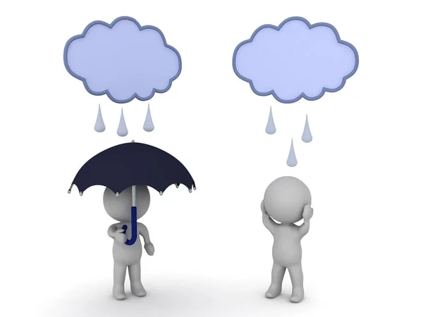 Two 3D Characters standing under the rain, one of them has umbre — Stock Photo, Image