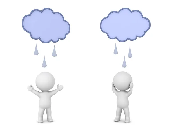 Eine 3D-Figur ist glücklich unter Regen, während die andere traurig ist — Stockfoto