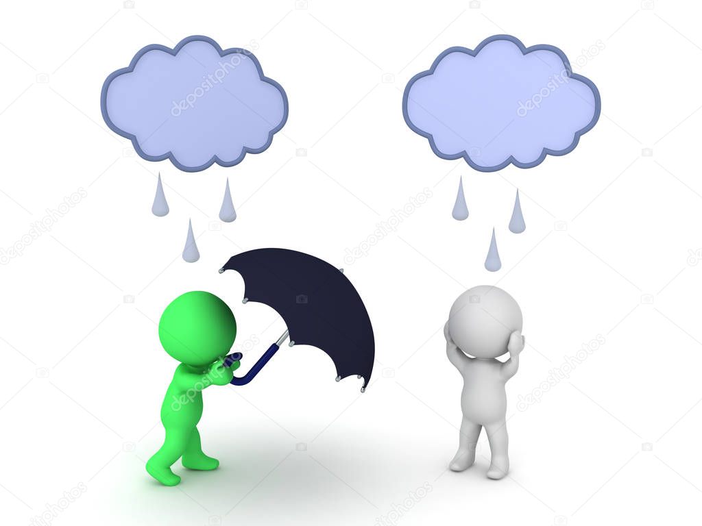 3D Character offering umbrella to distressed person under raincl