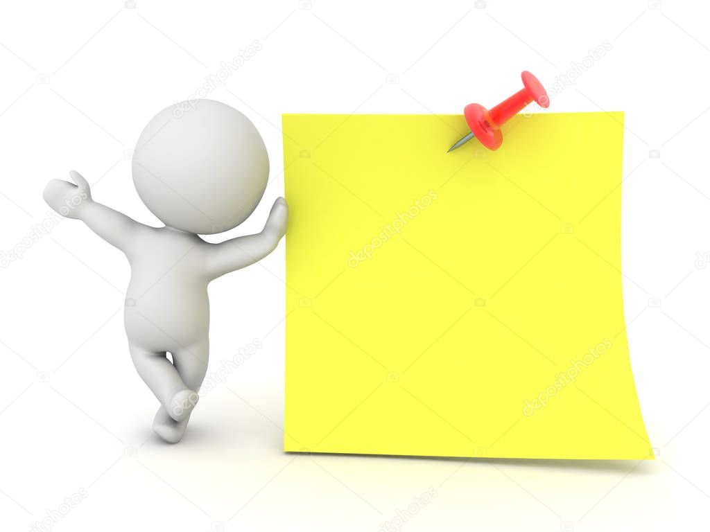 3D Character  waving and leaning on post it note with red pin