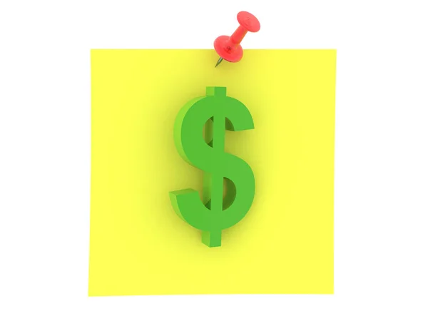 3D απόδοση της κίτρινης αυτοκόλλητης σημείωσης με το σύμβολο του πράσινου δολαρίου στο i — Φωτογραφία Αρχείου