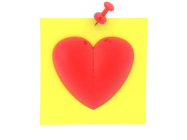 Representación 3D de la nota adhesiva amarilla con el corazón rojo en ella — Foto de Stock