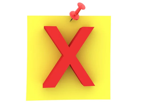 Prostorové vykreslování žluté lepicí poznámky s červeným znakem x na ní — Stock fotografie