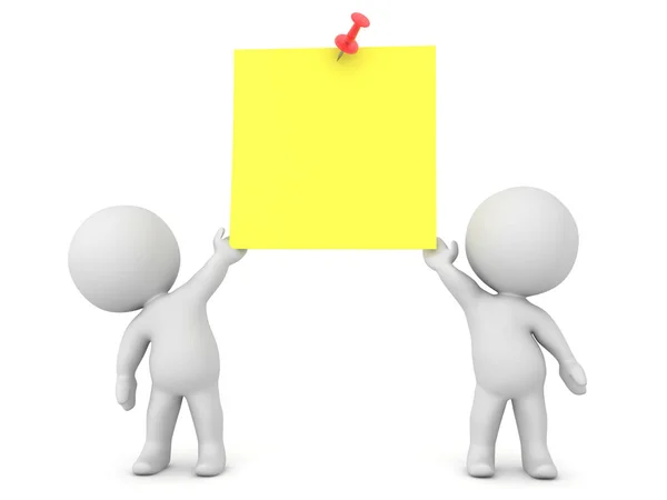 Dos personajes 3D sosteniendo una nota adhesiva amarilla con pin rojo — Foto de Stock