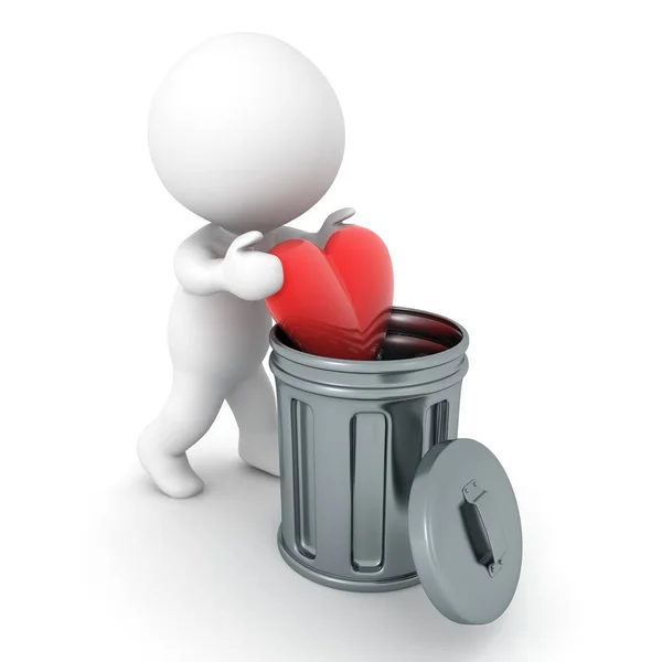 3D персонаж кладет красное сердце в мусорное ведро — стоковое фото