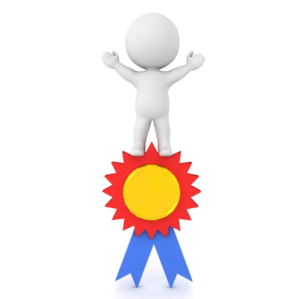 3D-personage staat zegevieren op Award badge — Stockfoto