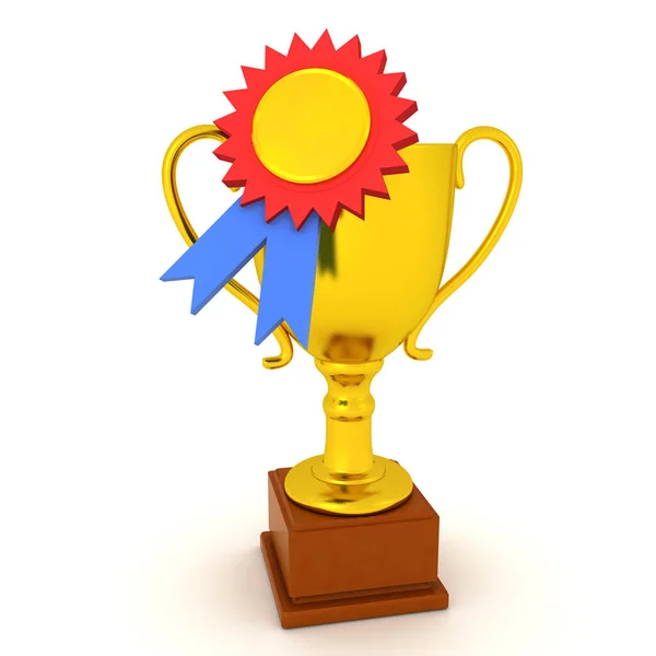 3D Rendering of gold trophy with gold red blue ribbon — Stock Photo, Image