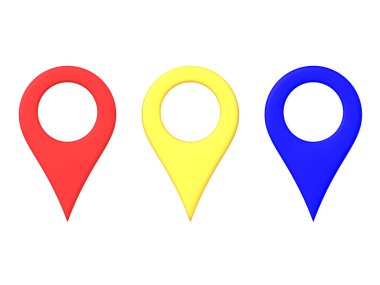 3d Kırmızı sarı ve mavi harita konum pimlerinin görüntülemi