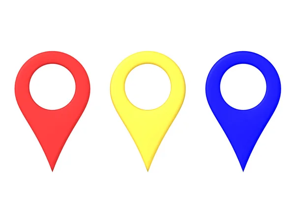 Representación 3D de pines de ubicación de mapa rojo amarillo y azul —  Fotos de Stock