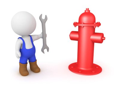 3d Yangın musluğunun yanında duran anahtarı ile Işçi