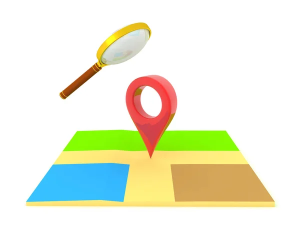 Representación 3D de la lupa por encima del mapa y el pin de ubicación — Foto de Stock