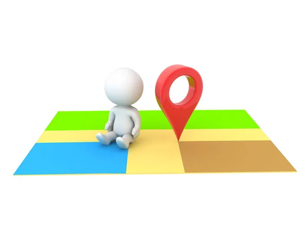 Personaje 3D sentado junto al pin de ubicación en el mapa — Foto de Stock