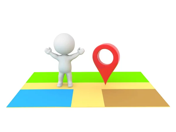 Personagem 3D feliz em pé no mapa ao lado do pino de localização vermelho — Fotografia de Stock