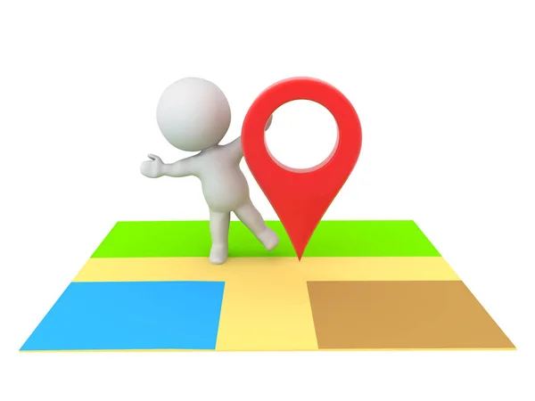 Personaje 3D escondido detrás del pin de ubicación en el mapa — Foto de Stock