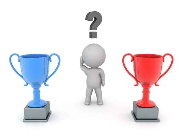 3D Character trying to choose between blue and red trophy — Stock Photo, Image